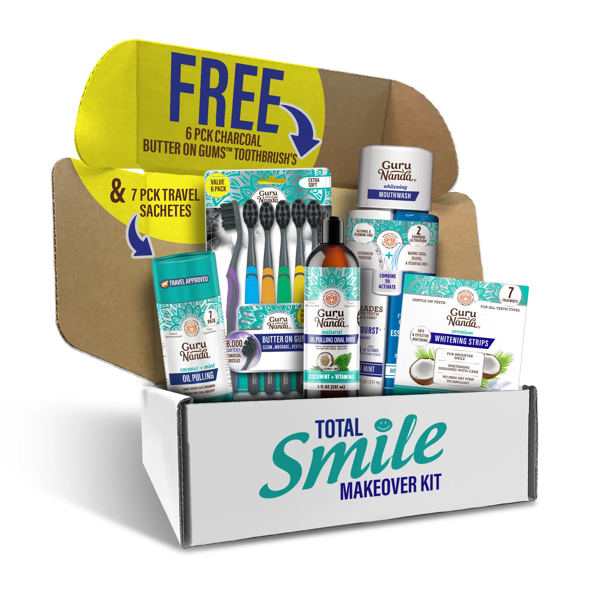 Charcoal Total Smile Makeover Kit, Perfect Smile Package - GuruNanda Oil Pulling, Mouthwash, Whitening Strips & Toothbrushes Charcoal Total Smile Makeover Kit, Perfect Smile Package - GuruNanda Oil Pulling, Mouthwash, Whitening Strips & Toothbrushes