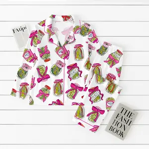 Women’s Pickle Lover Pink Bows Pajama Set, Christmas Sleepwear Gifts Nightwear Pajama Satin Long Pants, Noel Santa Gift For Her