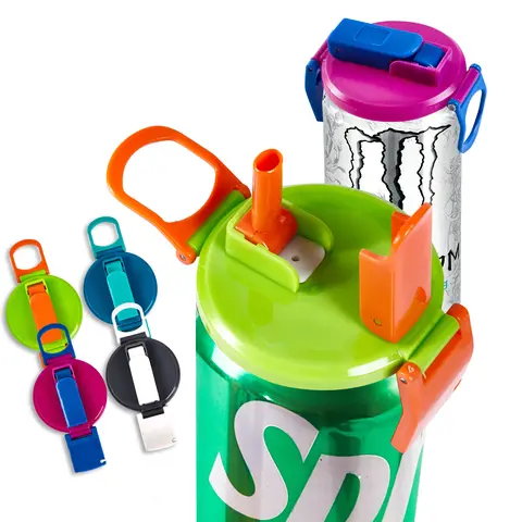 PopLid Upgraded Plastic Cup Lids with Silicone Straws (4-Pack, 4 Colors) - BPA-Free Drink Set, 1-Touch Opening, Tight Seal, Non-Slip Reusable, Leak-Proof for Soda, Canned Foods