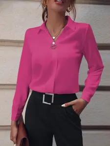 Elegant Women's Basic Solid Color Long Sleeve Shirt Blouses, Pearl Button Decor, Fitted Casual Style, All Season Wearable Fashion Top, Womenswear