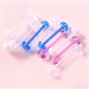 Acrylic Glitter Dome Tongue & Nipple Barbell, UV Flexible Bar, Body Piercing Jewelry