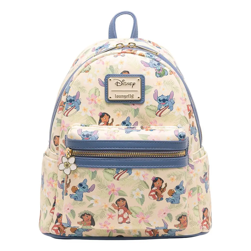 Loungefly Disney Lilo & Stitch Hula Dance Celebration Faux Leather Female Mini Zip Backpack - Casual Daypack, Cartoon Character, Hand Wash Only, Plumeria Flower Zipper Pull, All Over Print, 9.5in W x 10.5in H x 4.5in D, Adjustable Shoulder Strap