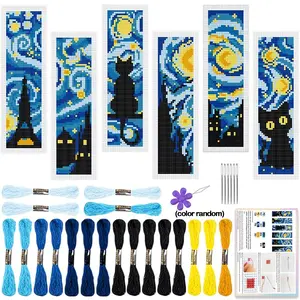 6-Piece Cross Stitch Bookmark Kit, Cat Theme Embroidery Craft Set, Beginner-Friendly Fabric Sewing Bookmarks, Includes Random Tools & Manual
