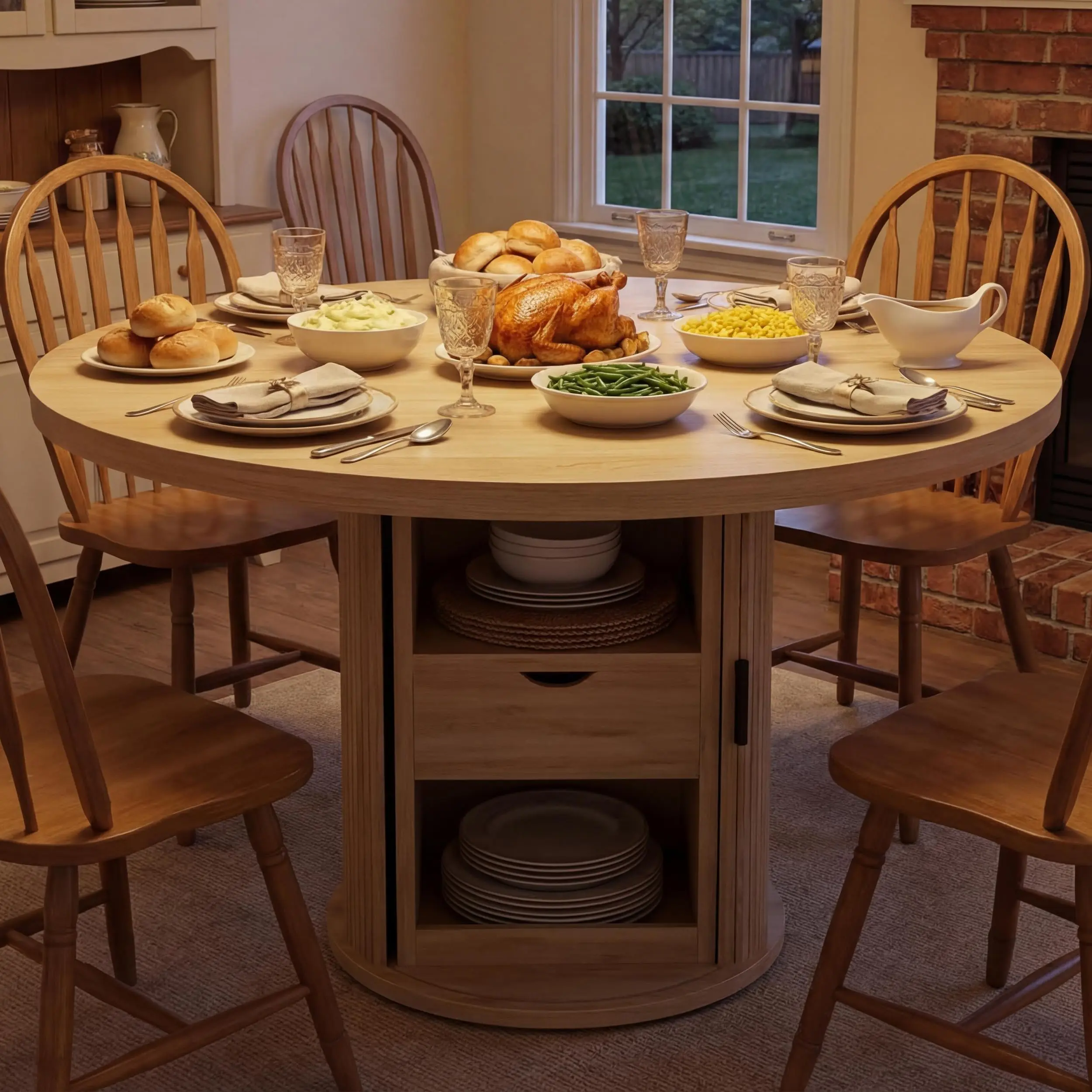Garvee 47" Round Farmhouse Furniture Dining Table - Wood Frame, 2-Layer Storage Shelf, Drawer for Bowls, Built-In Sliding Doors, Clutterfree Top, Seats 4-6, Natural/Walnut/Black Finishes, Center Table, Study Desk