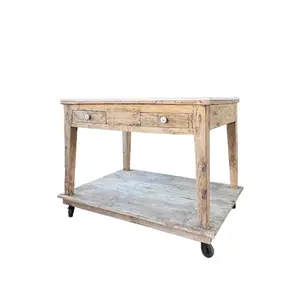 Bleached Wood Kitchen Island Table | White Marble Top & Wheels