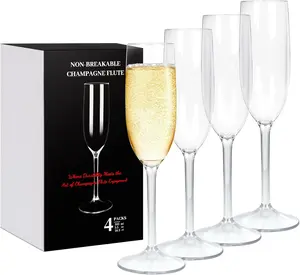 ECOSEAO Non-Breakable Champagne Flutes Set of 4 Long Stem Sparkling Glasses Elegant Tritan Wine Cups BPA Free Reusable Toasting Cups 5.6 oz Clear Drinkware