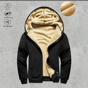 A men’s black hooded fleece jacket with a stylish, warm feel; the hooded design is both practical and fashionable, the fleece lining is comfortable, and the zipper operates smoothly. It pairs well with jeans and sneakers for everyday casual wear.