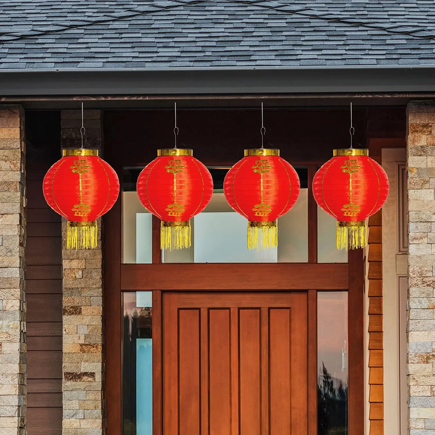 MyGift 4 Pack Chinese New Year Red Silk Paper Lanterns with Gold Tassel, Decorative 9 inch Round Party Lanterns for Spring Festival Holiday Season Decorations, Hanging Chinese Japanese Lanterns