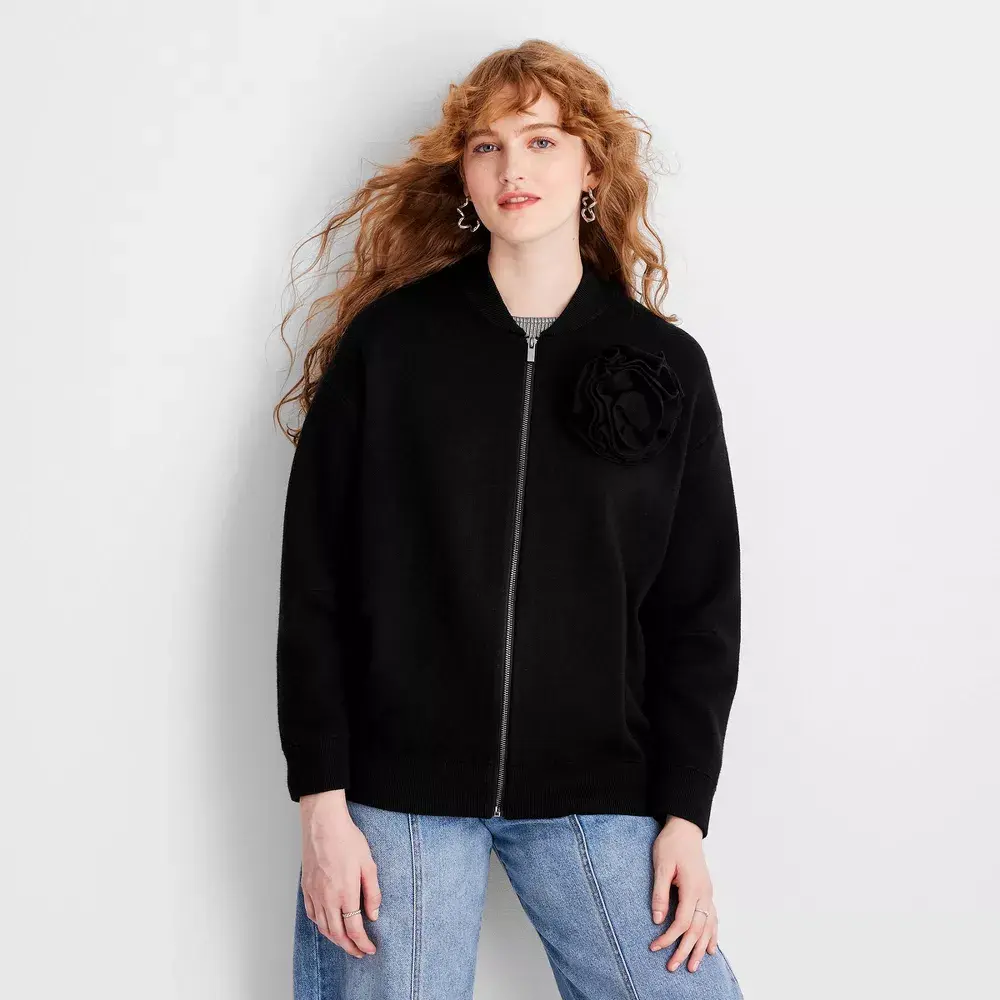 Women's Rosette Sweater Bomber Jacket - Future Collective Black M