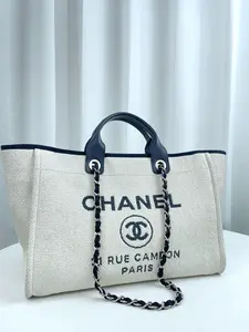 Pre-owned CHANEL canvas Tote Bags White Navy Blue Leather Trim Silver Hardware Tote Bag