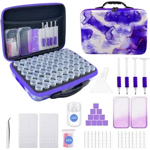 Art Storage Containers with Dot Drill Tools,60 Slots Bead Organizer Case for 5D DIY Art Kits, Portable Craft Box for  Painting Accessories (Purple)