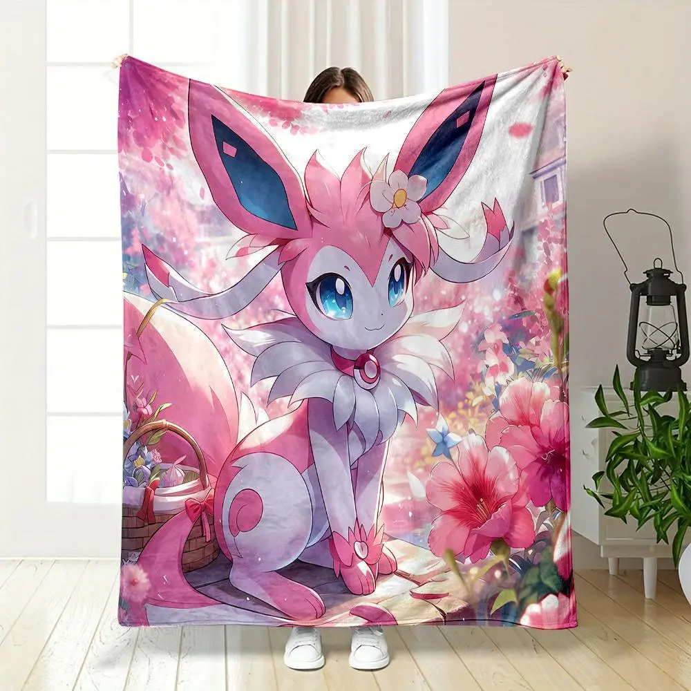 Sylveon Pink Eevee Flannel Blanket Warm Soft Plush Throw for Bedroom, Dorm Room, Sofa, Couch, Living Room and Travel Gift