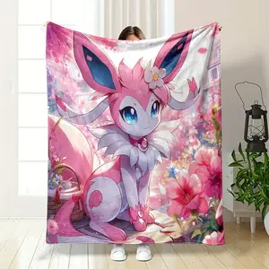 Sylveon Pink Eevee Flannel Blanket Warm Soft Plush Throw for Bedroom, Dorm Room, Sofa, Couch, Living Room and Travel Gift