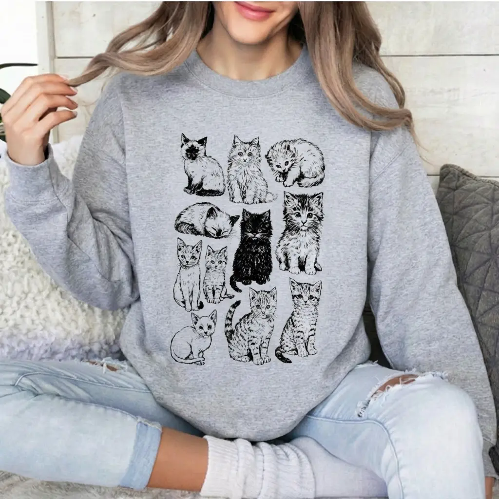 The Vintage Cat Sweatshirt, Retro Kitten Graphic Pullover, Cozy Cat Lover Gift, 90s Style Shirt, Cute Cat Mom Sweater,  Boho Unisex Crewneck Sweatshirt Casual Womenswear