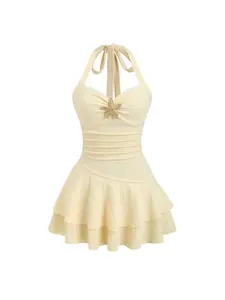 Elegant Women's Mini Dress, Spring Summer Beach Vacation, Textured Fabric, Spaghetti Strap, Metal Decorative Ruffles, Pleats, Womenswear