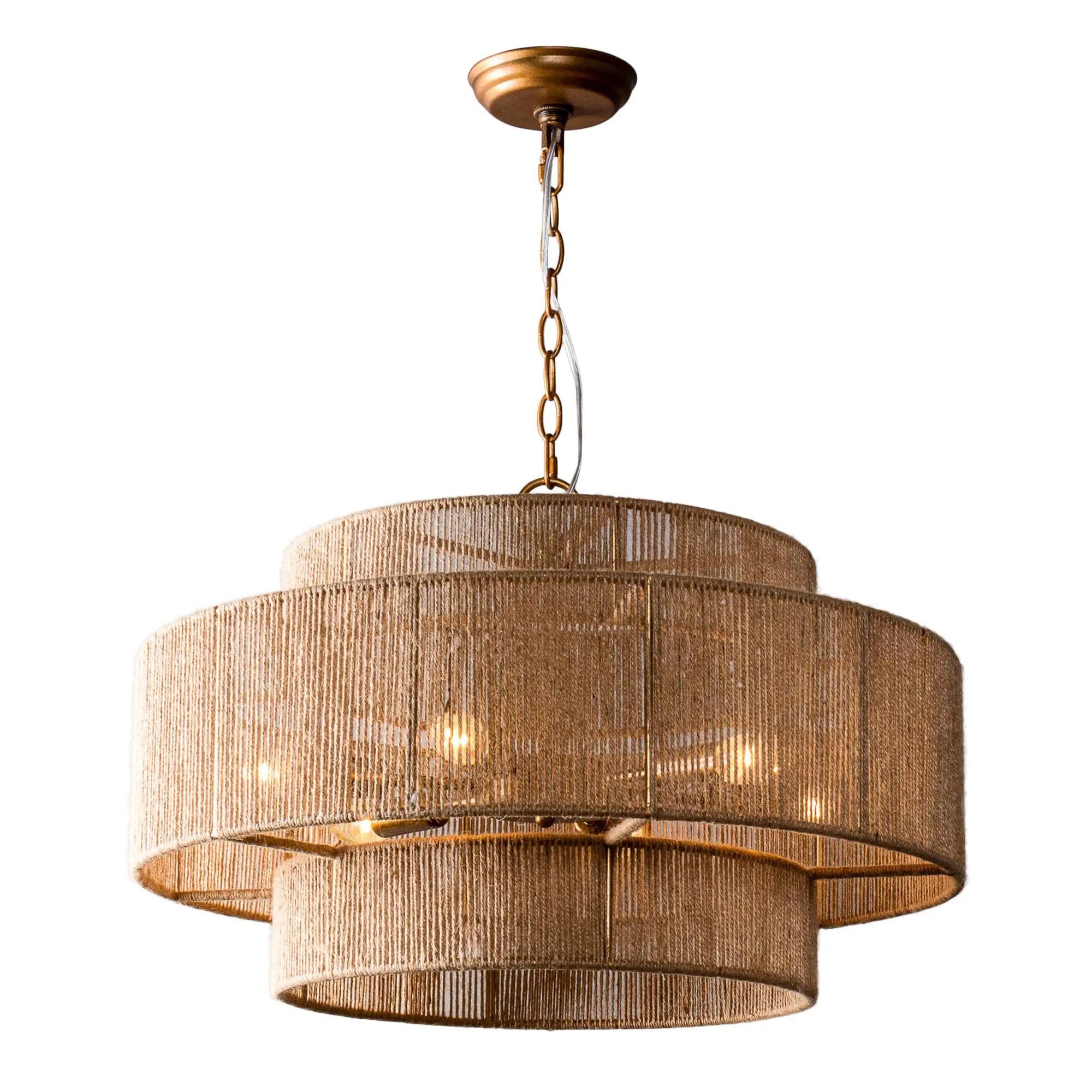 PARROT UNCLE 24" Bohemian Antique Gold 6-Light Drum Downrod Mount with Natural Rope Shade Coastal Farmhouse Style Pendant Lighting - Kitchen Sink
