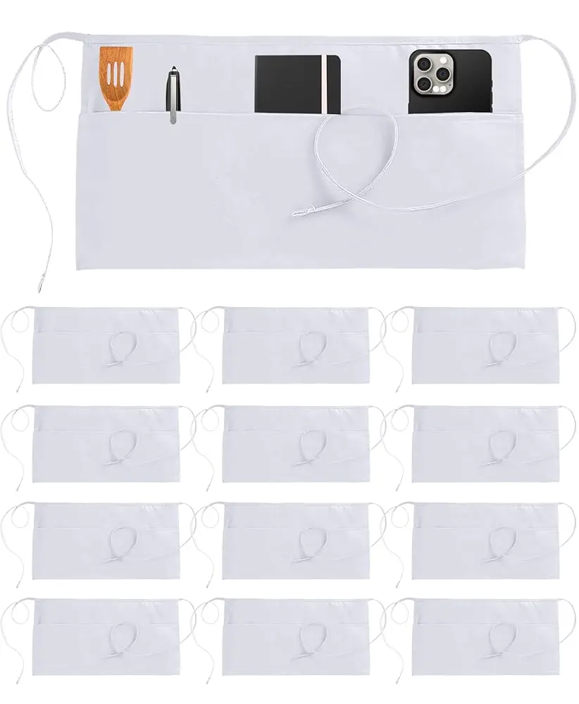 Kichly Adjustable White Waist Apron - 12 Pack, 3 Pockets for Waitstaff, Kitchen Home Supplies
