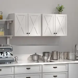 Farmhouse Kitchen Wall Storage Cabinets 4 Doors & Shelves Aesthetic Design Multicolor Wall Mounted Furniture Criss Cross Home Organization White with Grain Set of 2 Pieces