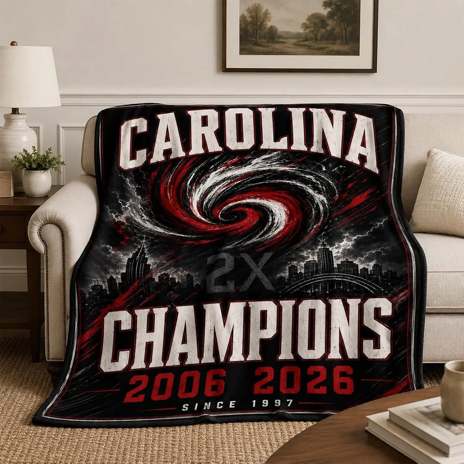 Carolina Classic Hockey Fleece Throw Blanket with City Skyline Print, 2026 Champ Gifts for Hockey Fans, Fleece Fabric, Lightweight Soft Breathable, Machine Washable for Couch Bedroom Decor, City Skyline Design