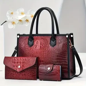 StylishBlackToteBagwithCrocodilePattern&ZipperClosure-IncludesMatchingCrossbodyBag&Wallet,PerfectforEverydayUse