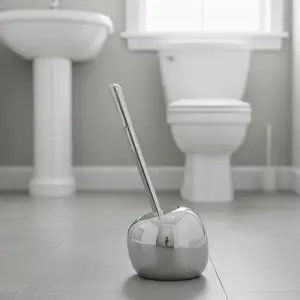 Evideco French Home Goods PISE Freestanding Chrome Toilet Brush and Holder Set Durable Plastic Resin Stoneware Ceramic Modern Bathroom Decor