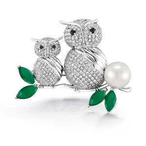 Pearl Couple Owl Brooch Pins With AAA Cubic Zirconia and Black Onyx in Micro Pave Setting, owl Brooch