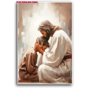 1pc 2D flat inner framed wall decor, Religious Decor, Jesus Hugging Boy Canvas Print Jesus With Child Canvas Poster Modern Christian Wall Decor Bible Verse Painting Mormon Art Vintage Jesus Print For Living Room Bedroom Apartment Office,ready to hang