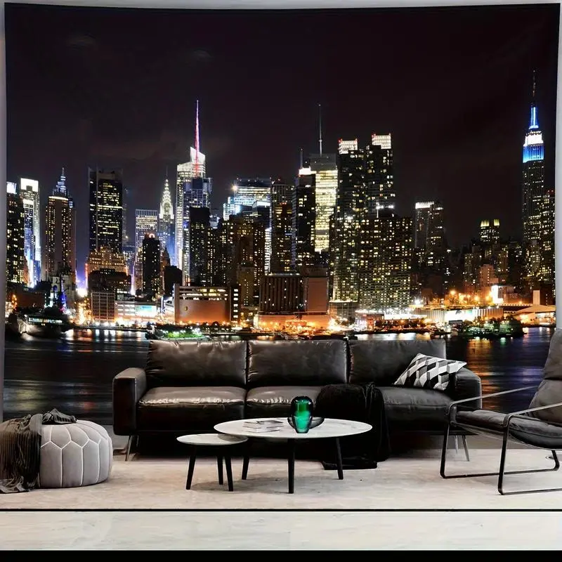 Night Cityscape Tapestry Wall Hanging - 100% Polyester Fade-Resistant Lightweight Machine Washable Hand-Sewn Horizontal Modern Skyscraper & Water Reflection Design for Living Room, Dorm, Apartment Decor, Modern Decor, Home Decoration, Conte