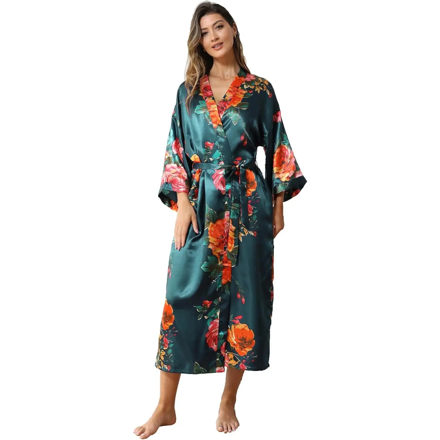 Women's Satin Kimono Robe Floral Long Silky Robes Bridal Kimonos Bridesmaid Party Dressing Gown