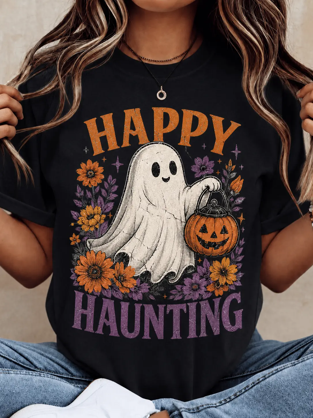 Women's Halloween T-Shirt, Casual Short Sleeve Graphic Top with Happy Haunting Ghost and Pumpkin Print for Parties, Graphics, Shortsleeve, Tops, Lady, Round Neck, Tshirt