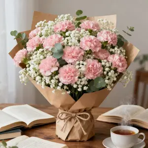 25-Piece Artificial Flower Arrangement, with Carnations & Baby's Breath, Decorative Flowers, Fake Flowers, Home Decoration Bouquet, Artificial Bouquets, Perfect for Home Decor, Wedding Decoration, Gift Giving