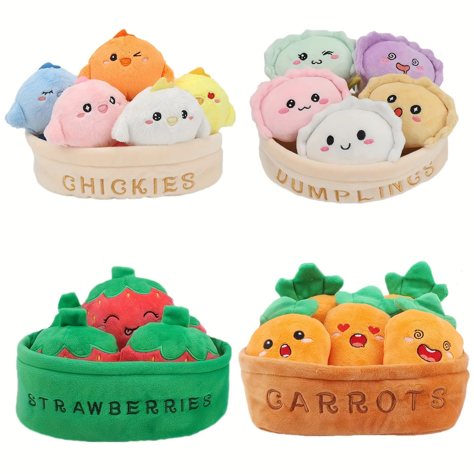 Adorable Soft Toy Collection - Features Chicken, Dumpling, Strawberries, And Carrots in a Basket, 6pcs with Detachable Doll, Made of Polyester, Multicolored - Perfect for Halloween And Christmas Presents