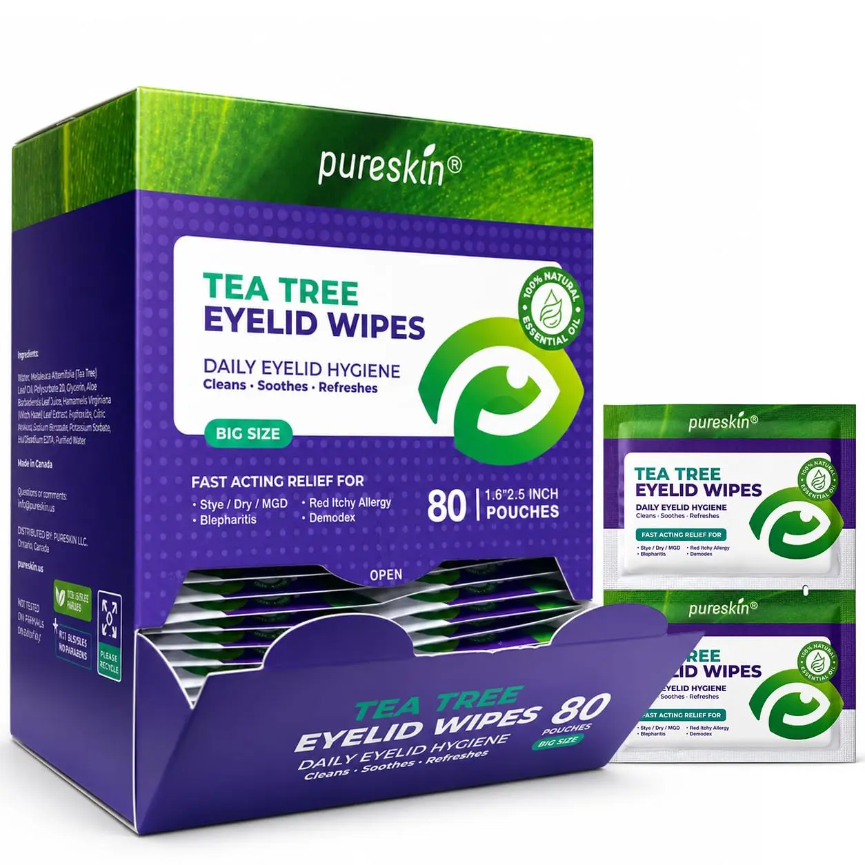 Tea Tree Eyelid Wipes: Eye Lid Cleansing Scrubs Rellief Treatment for Stye, Blepharitis, Demodex, Dry, MGD and Red Allergy, 80 Pcs