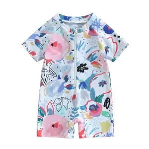 Infant Baby Boy Girl Short Sleeve  Zipper Swimsuit Watercolor Swimwear Romper Jumpsuit Beach Bathing Suit