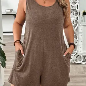Plus Size Romper - Brown Sleeveless Casual Jumpsuit with Pockets for Women
