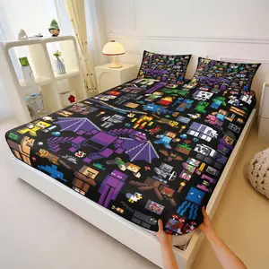 Minecraft Pixel Print Bed Sheet Set 3-Piece, Includes 2 Coreless Pillowcases, Perfect for Gaming Enthusiasts, Comfortable Mattress Cover
