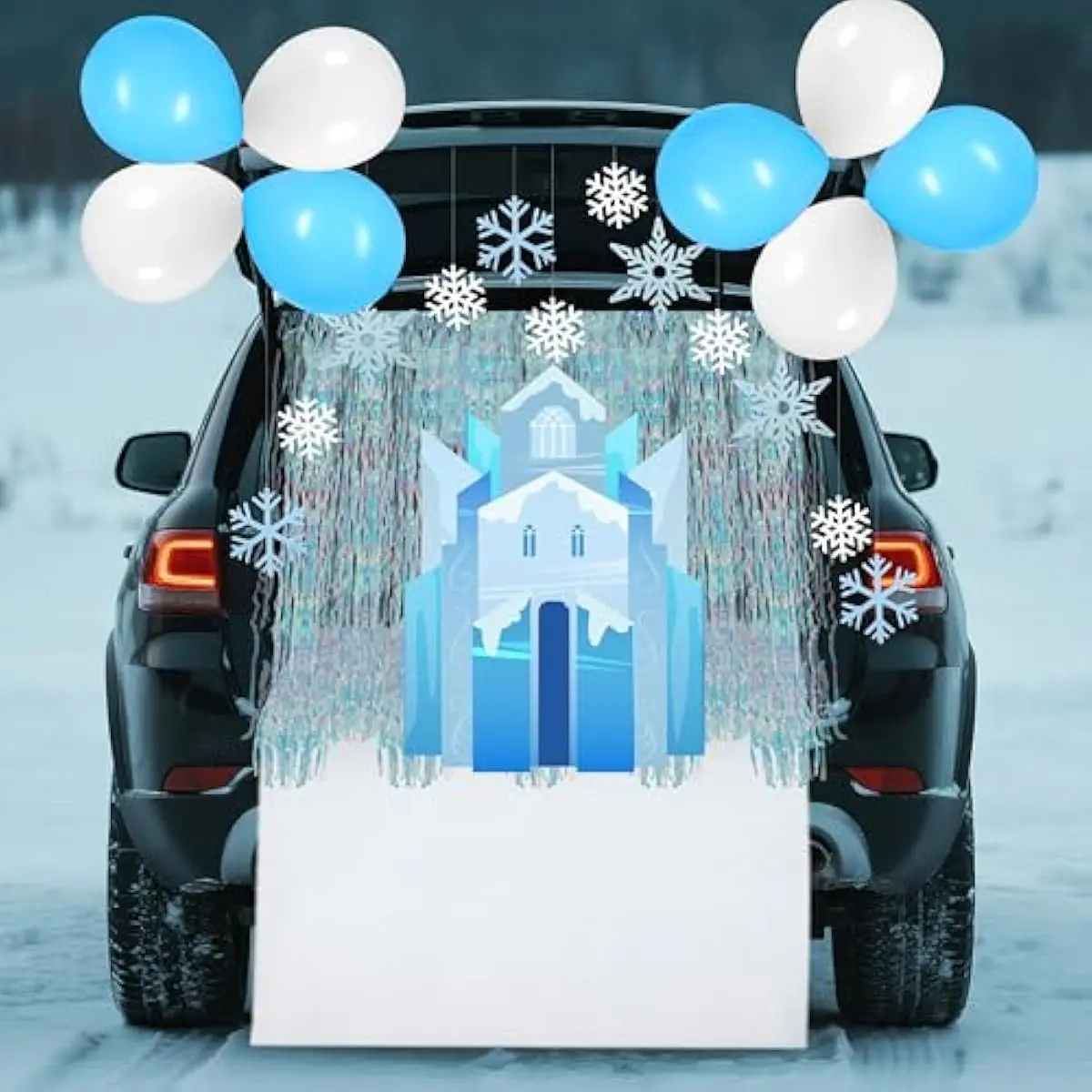 Halloween Trunk or Treat Ice Kit Snow Castle Theme Decorations , Ice Snow Castle with Snowflakes Decors,Balloon, Quilt Car Decorations for SUV, Garage Door, Party Supplies