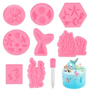8 Pieces Mermaid Cake Decoration, 3D Mermaid Fondant Mould, Mermaid Cake Decoration with 1 Piece 5 Ml Dropper, Fondant Moulds Mermaid for Cakes, Chocolates, Sweets