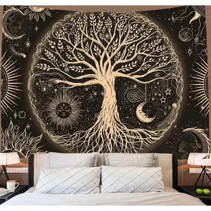 Tapestry  Tree of Life Tapestry Wall Hanging Sun Moon Stars Tapestries Aesthetic Galaxy Wall Tapestry Nature Home Decoration for Living Room Bedroom(53 x 61 Inch, Black and Gold) Design Light tapestry