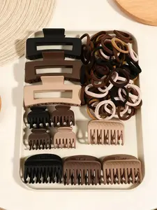 61pcs earth color women's hair accessories combination dark brown with daily practical style elastic hair ring small hairpin commuter leisure can be low-key color soft material to wear comfortable multi-occasion basic hair accessories set