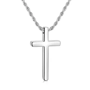 Silver Cross Necklace for Men and Women, Stainless Steel Mens Chain Necklace with Cross Pendant, 2.5mm Twist Rope Chain