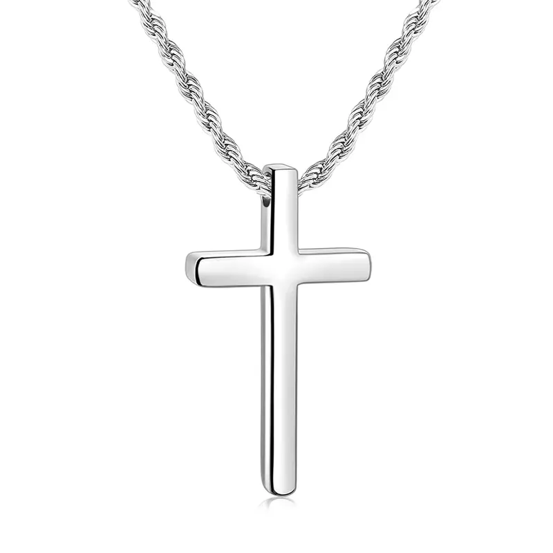 Silver Cross Necklace for Men and Women, Stainless Steel Mens Chain Necklace with Cross Pendant, 2.5mm Twist Rope Chain