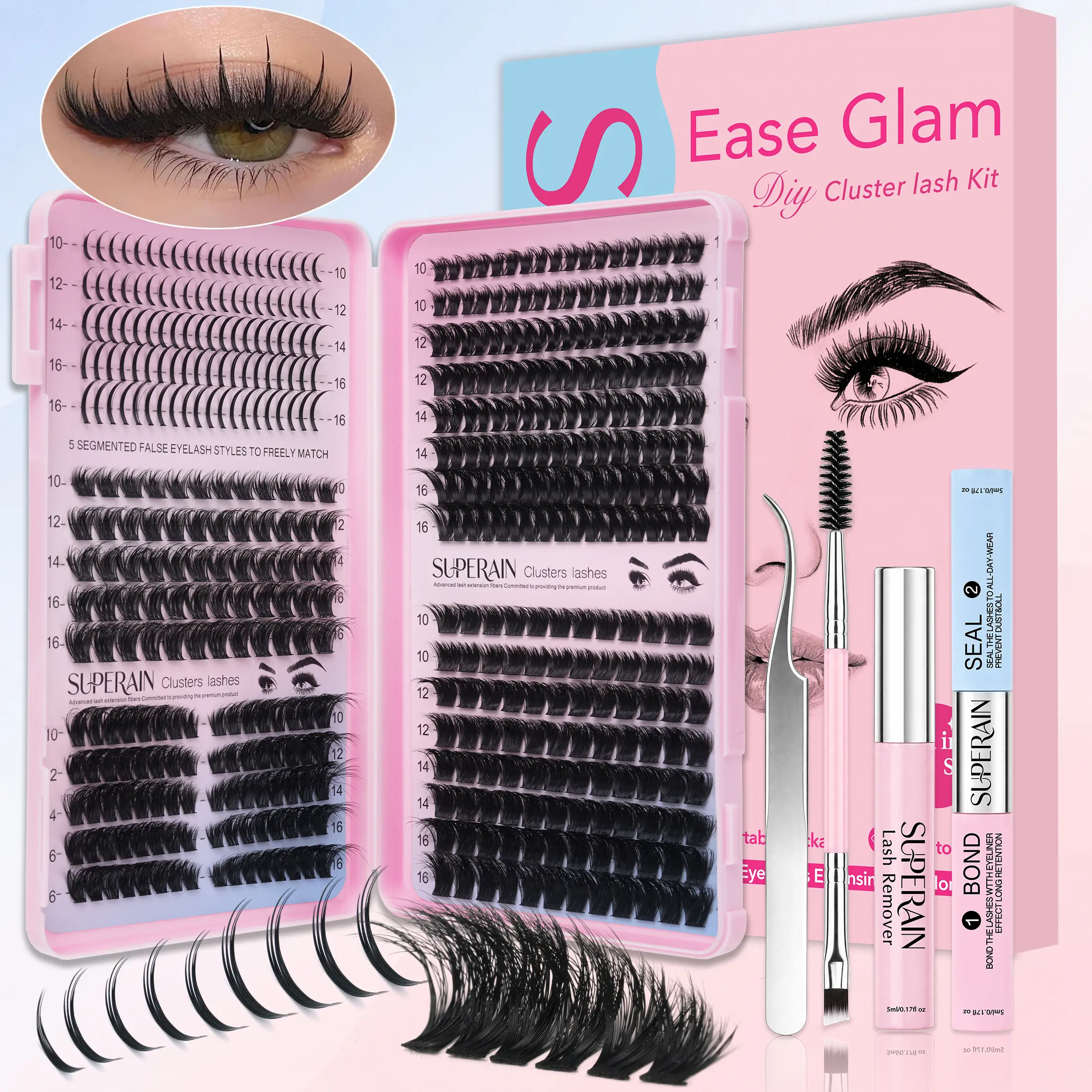SUPERAIN D Curl Eyelash Extensions Kit - Nature-Infused DIY Volume Set for Adults, Wispy Clusters, Pointed Singles, Manga Lashes, Adhesives, 2 Brushes for Longer Looking Eyelashes & Home Use