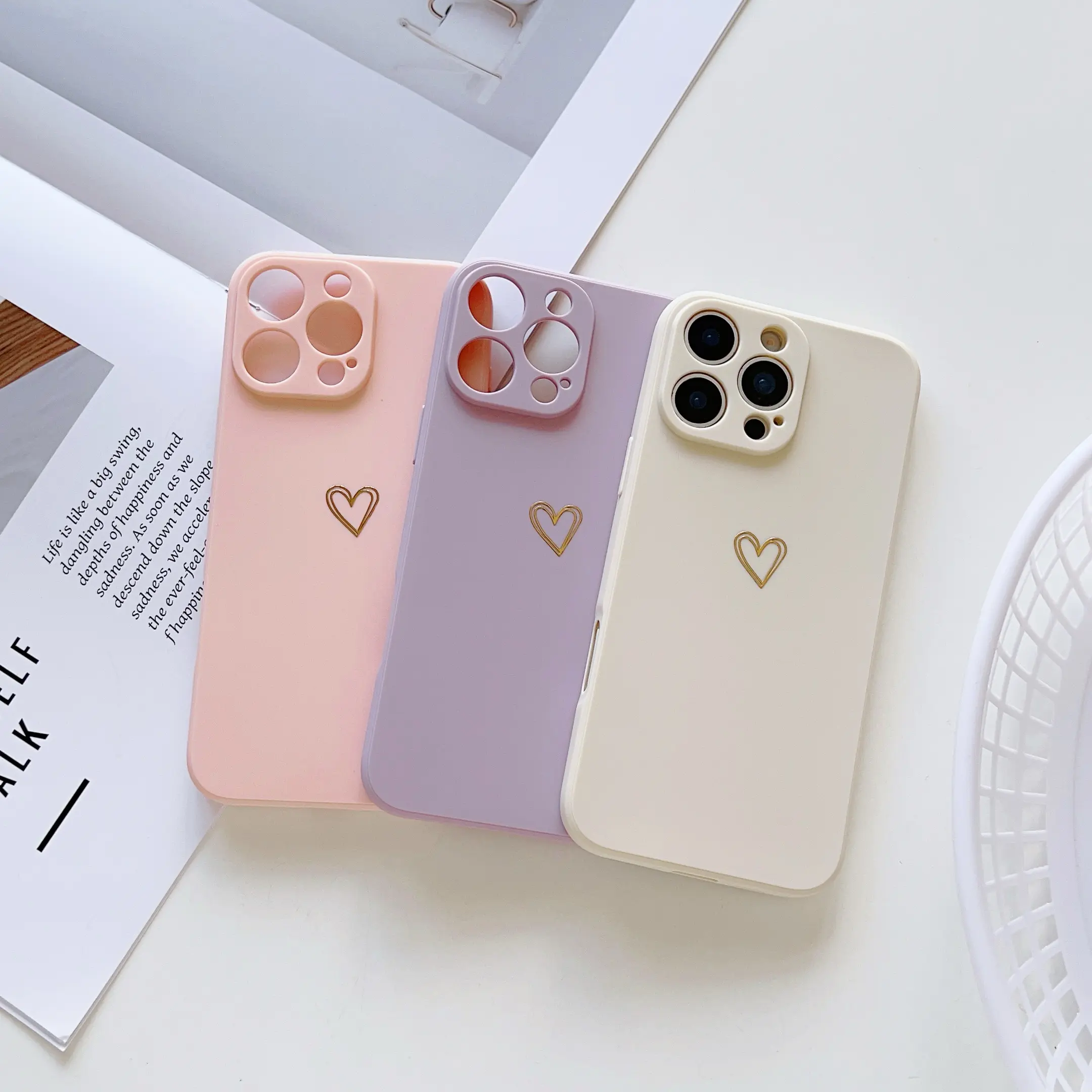 A set of 3 white, pink Rubik's Cube straight edge matte texture, hot stamping heart pattern protective TPU smartphone casing, Cellphone cases, Cover suitable for IPhone XR/11/11 PM/12/12 PM/13/13 PM/14/14 Pro/14 PM/15/15 Pro/15 PM