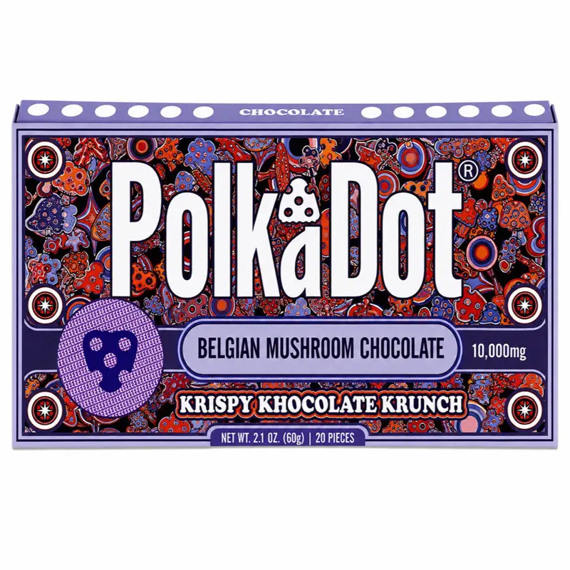 Polkadot Belgian Chocolate, Krispy Chocolate Krunch, 20 Count, High Potency Plant-based Mushroom Snack, 100% Organic, High-Quality Ingredients, Made in USA, All Natural, Healthy Chocolate, 20 Piece Chocolate Bar