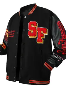 Men's black #23 Letter Patchwork Leather Baseball Collar Bomber Jacket Fashion High-End Embroidered Button-Up Casual Outdoor Coat Loose Casual Sporty Long Sleeve Varsity Jacket for Fall & Winter Outerwear for Daily Wear