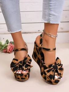 Women's Leopard Print Bowknot Open Toe Sandals, Fringe Design PU Leather Shoes, Anti-Slip Thick Sole Summer Footwear for Home & Outdoor Use