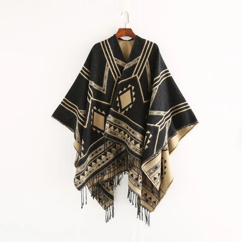 NewNewIndianNepaleseStyleGeometricTasselSplitWomenShawlWarmAirConditioningRoomLadyCloakPonchoCapesBlackKhaki