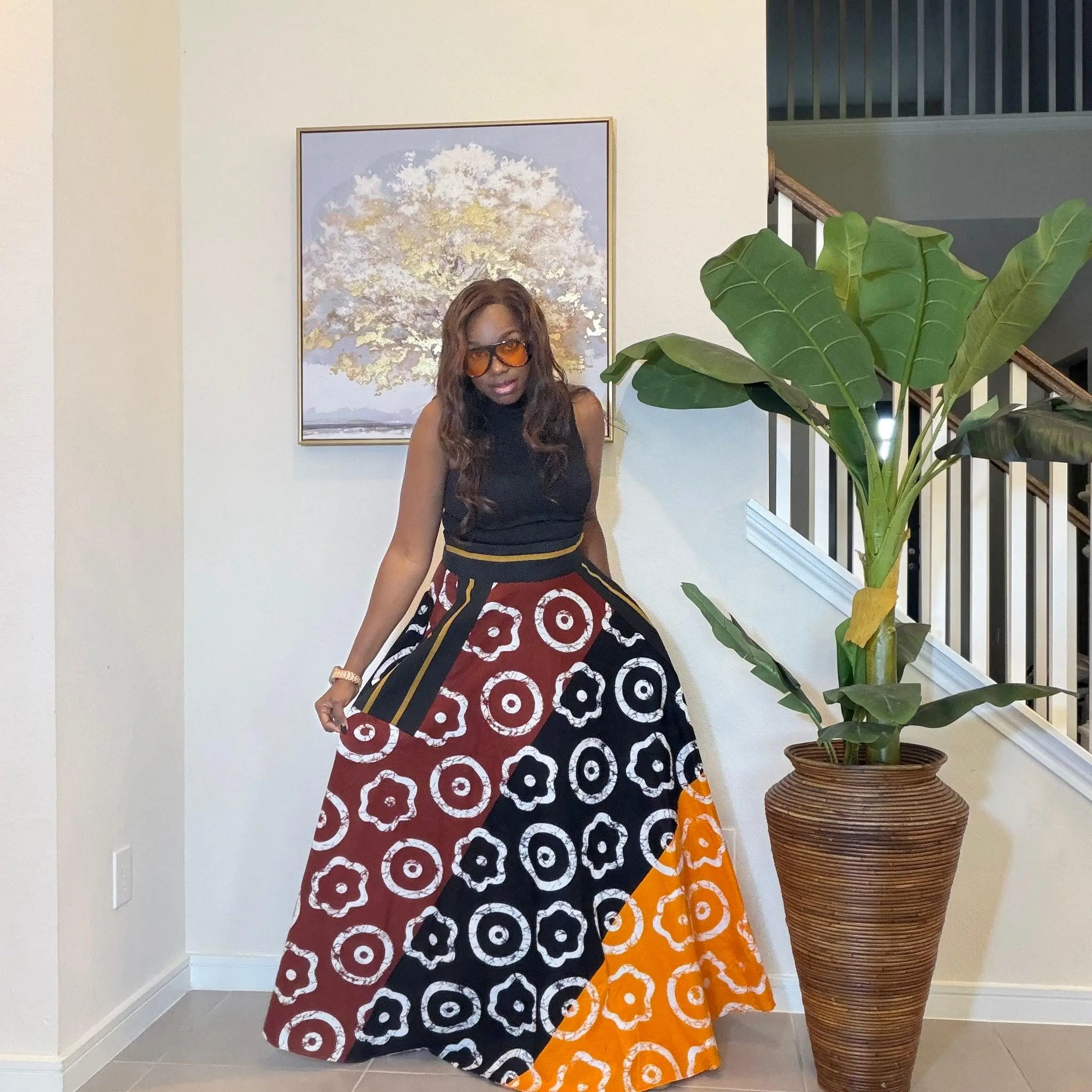 African Ankara Maxi Skirt | High Waist Patchwork Print, Aso Oke Pockets