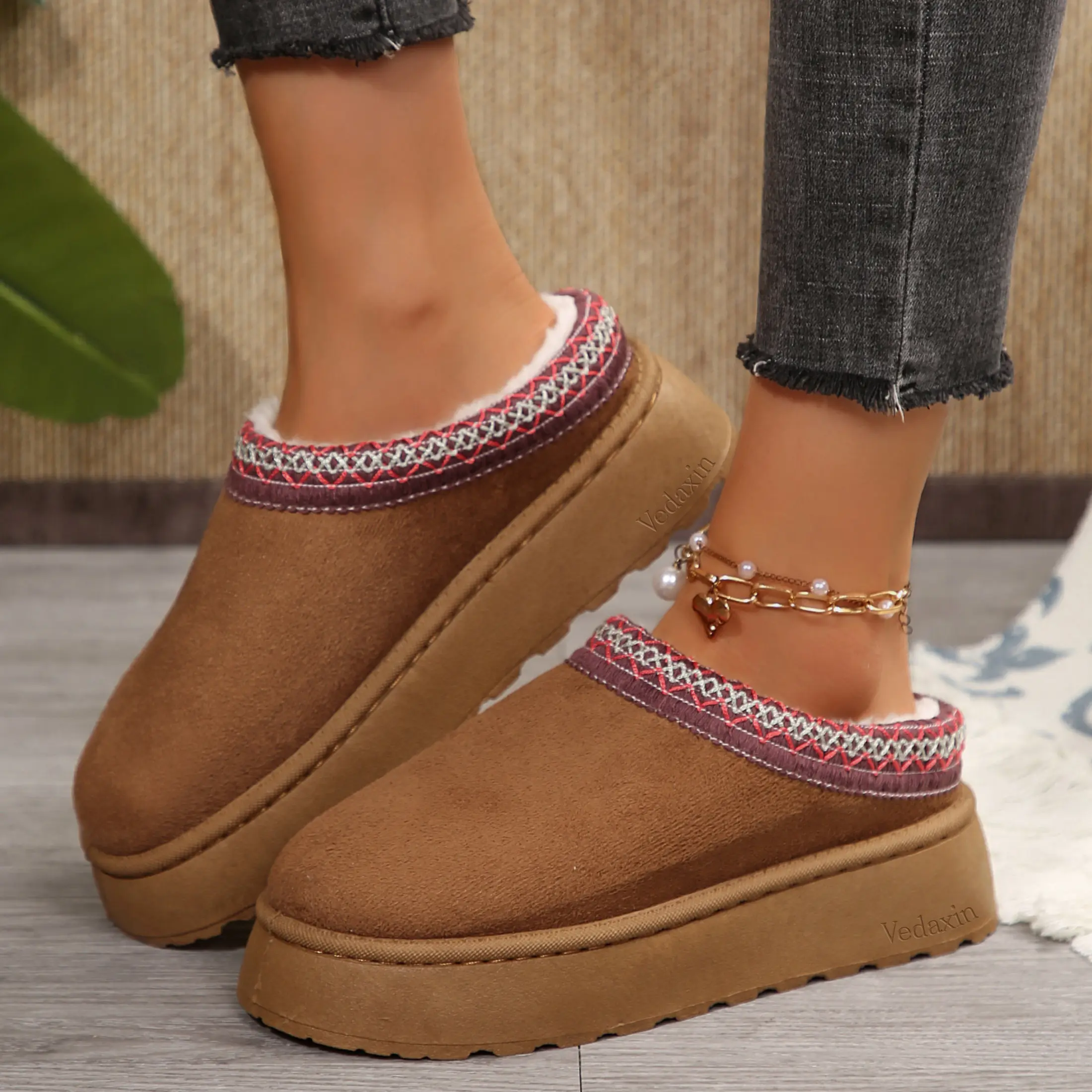 Platform Slippers Mini Boots for Women Fleece Ankle Boots Anti-Slip Snow Platform Slippers for Women Outdoor